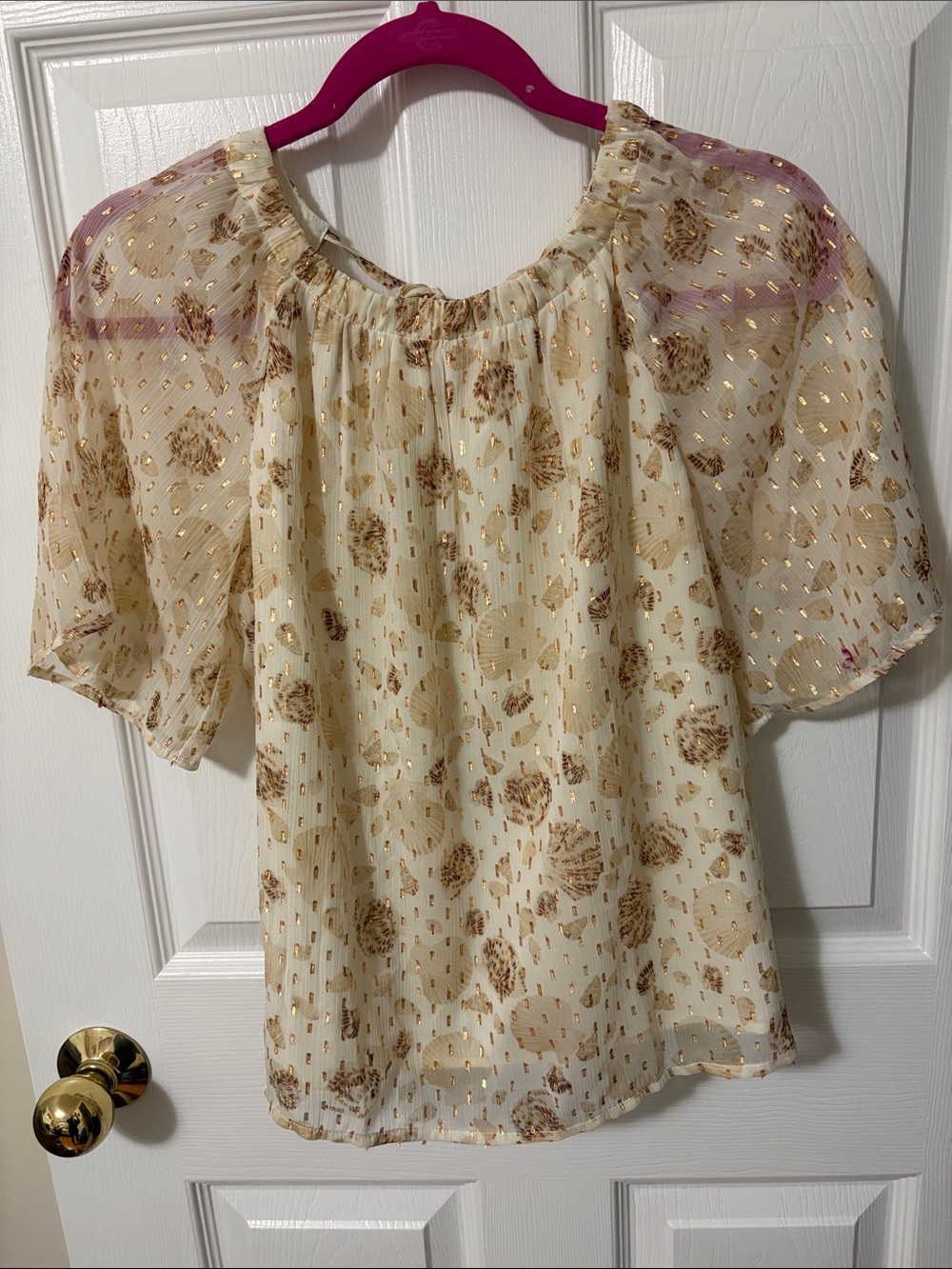 Sheer Cream Blouse with Gold Foil shell Accents and cream attached lining.